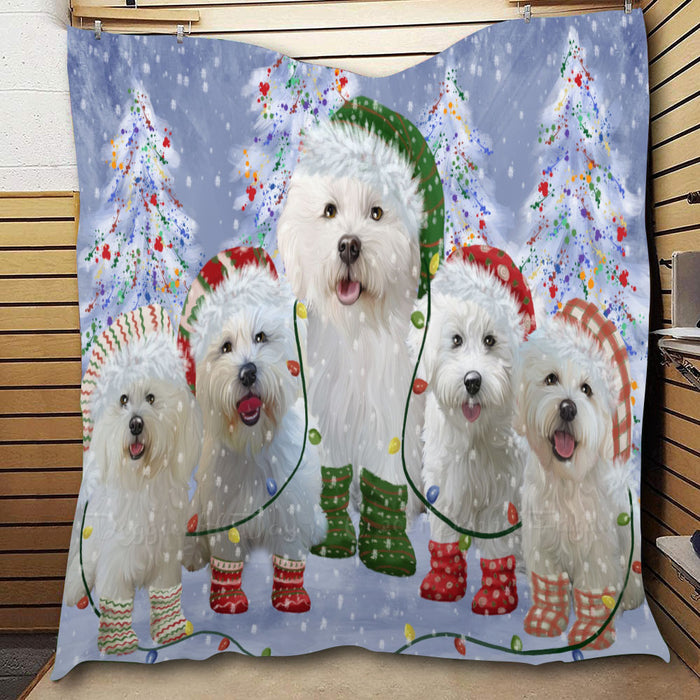 Christmas Lights and Bichon Frise Dogs  Quilt Bed Coverlet Bedspread - Pets Comforter Unique One-side Animal Printing - Soft Lightweight Durable Washable Polyester Quilt