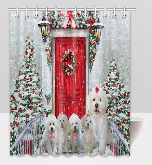 Christmas Holiday Welcome Bichon Frise Dogs Shower Curtain Pet Painting Bathtub Curtain Waterproof Polyester One-Side Printing Decor Bath Tub Curtain for Bathroom with Hooks