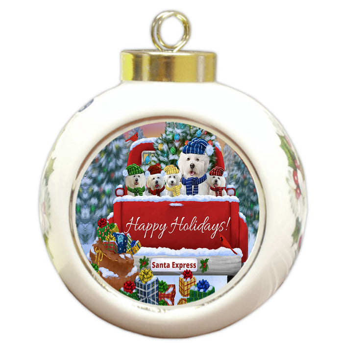 Christmas Red Truck Travlin Home for the Holidays Bichon Frise Dogs Round Ball Christmas Ornament Pet Decorative Hanging Ornaments for Christmas X-mas Tree Decorations - 3" Round Ceramic Ornament