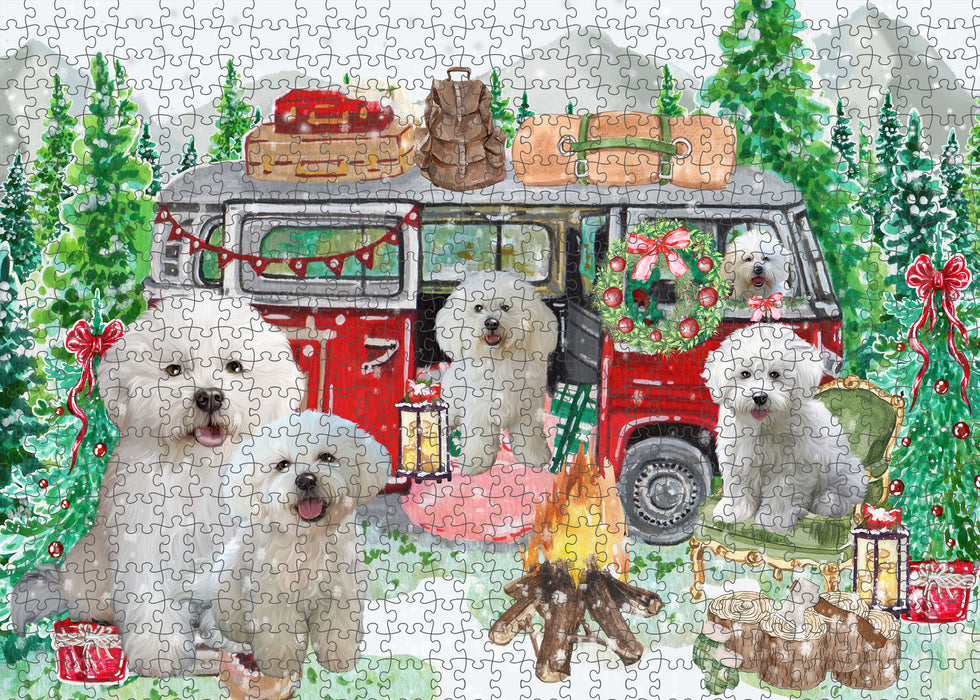Christmas Time Camping with Bichon Frise Dogs Portrait Jigsaw Puzzle for Adults Animal Interlocking Puzzle Game Unique Gift for Dog Lover's with Metal Tin Box