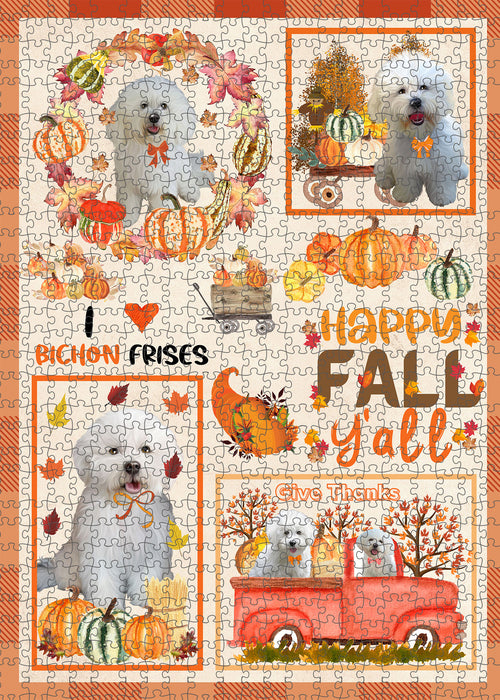 Happy Fall Y'all Pumpkin Bichon Frise Dogs Portrait Jigsaw Puzzle for Adults Animal Interlocking Puzzle Game Unique Gift for Dog Lover's with Metal Tin Box
