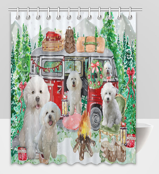 Christmas Time Camping with Bichon Frise Dogs Shower Curtain Pet Painting Bathtub Curtain Waterproof Polyester One-Side Printing Decor Bath Tub Curtain for Bathroom with Hooks