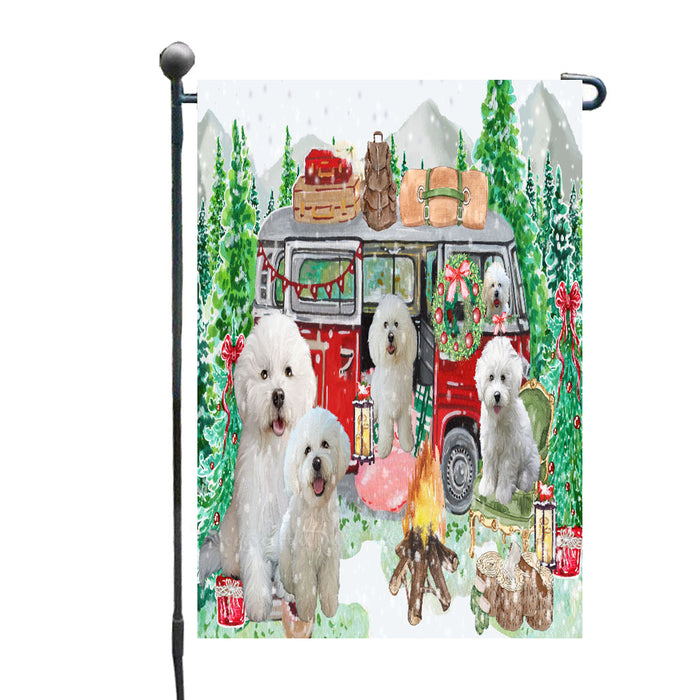 Christmas Time Camping with Bichon Frise Dogs Garden Flags- Outdoor Double Sided Garden Yard Porch Lawn Spring Decorative Vertical Home Flags 12 1/2"w x 18"h