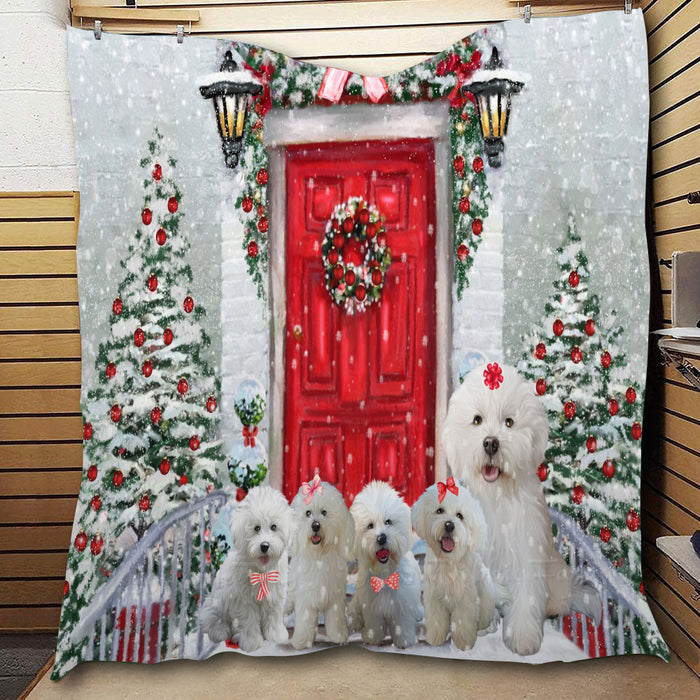 Christmas Holiday Welcome Bichon Frise Dogs  Quilt Bed Coverlet Bedspread - Pets Comforter Unique One-side Animal Printing - Soft Lightweight Durable Washable Polyester Quilt