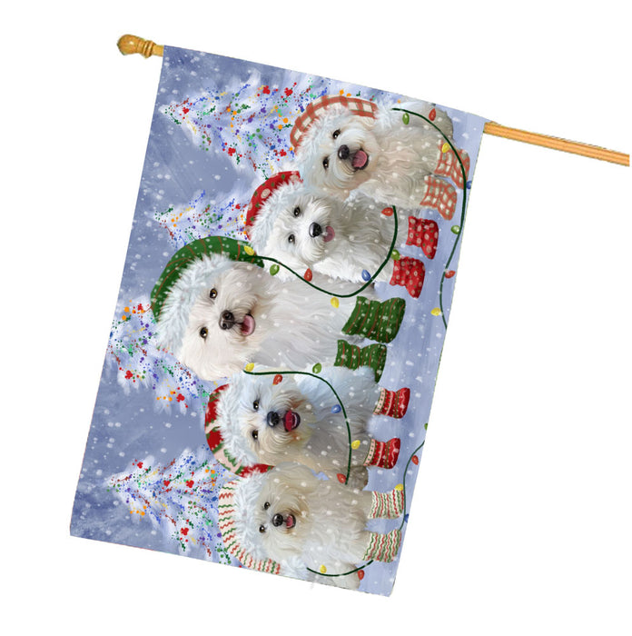Christmas Lights and Bichon Frise Dogs House Flag Outdoor Decorative Double Sided Pet Portrait Weather Resistant Premium Quality Animal Printed Home Decorative Flags 100% Polyester