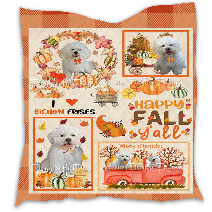Happy Fall Y'all Pumpkin Bichon Frise Dogs Quilt Bed Coverlet Bedspread - Pets Comforter Unique One-side Animal Printing - Soft Lightweight Durable Washable Polyester Quilt