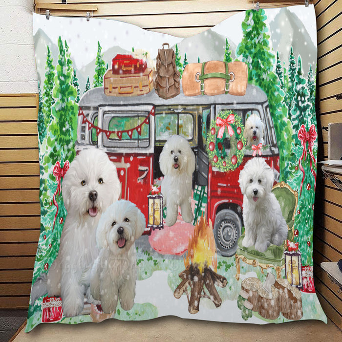 Christmas Time Camping with Bichon Frise Dogs  Quilt Bed Coverlet Bedspread - Pets Comforter Unique One-side Animal Printing - Soft Lightweight Durable Washable Polyester Quilt