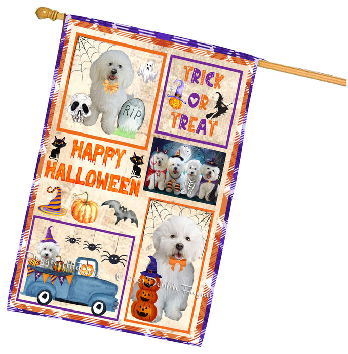 Happy Halloween Trick or Treat Bichon Frise Dogs House Flag Outdoor Decorative Double Sided Pet Portrait Weather Resistant Premium Quality Animal Printed Home Decorative Flags 100% Polyester