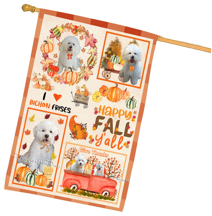 Happy Fall Y'all Pumpkin Bichon Frise Dogs House Flag Outdoor Decorative Double Sided Pet Portrait Weather Resistant Premium Quality Animal Printed Home Decorative Flags 100% Polyester
