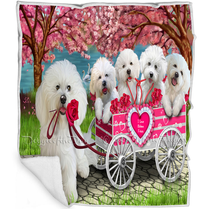 I Love Bichon Frise Dogs in a Cart Art Portrait Print Woven Throw Sherpa Plush Fleece Blanket