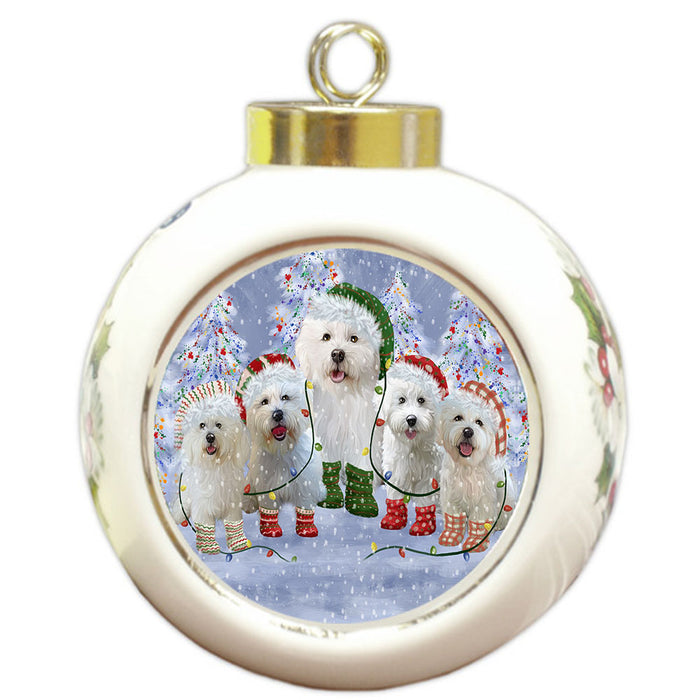 Christmas Lights and Bichon Frise Dogs Round Ball Christmas Ornament Pet Decorative Hanging Ornaments for Christmas X-mas Tree Decorations - 3" Round Ceramic Ornament