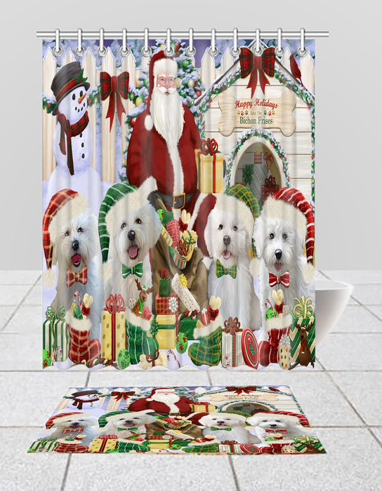 Happy Holidays Christmas Bichon Frise Dogs House Gathering Bath Mat and Shower Curtain Combo