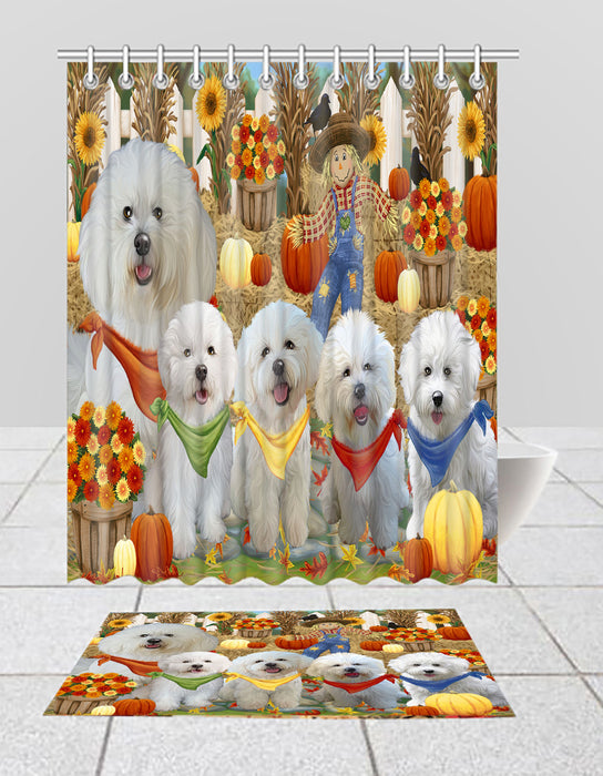 Fall Festive Harvest Time Gathering Bichon Frise Dogs Bath Mat and Shower Curtain Combo