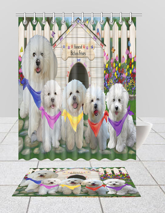 Spring Dog House Bichon Frise Dogs Bath Mat and Shower Curtain Combo