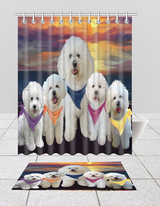 Family Sunset Portrait Bichon Frise Dogs Bath Mat and Shower Curtain Combo