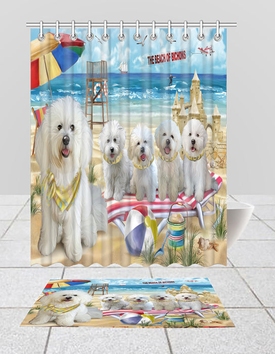 Pet Friendly Beach Bichon Frise Dogs Bath Mat and Shower Curtain Combo