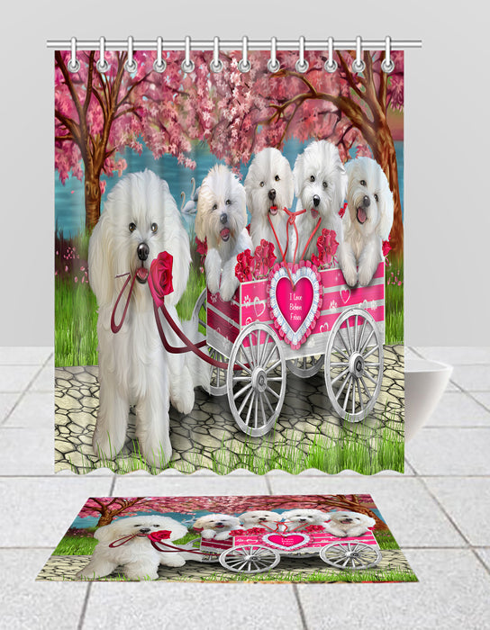 I Love Bichon Frise Dogs in a Cart Bath Mat and Shower Curtain Combo
