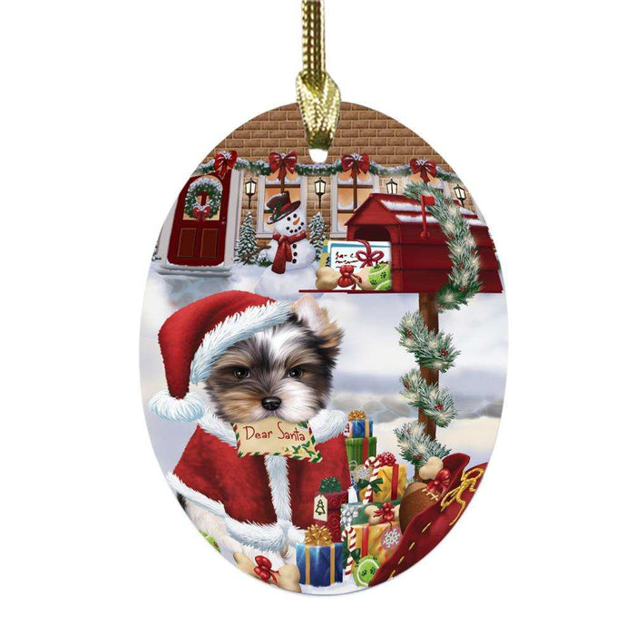 Biewer Dog Dear Santa Letter Christmas Holiday Mailbox Oval Glass Christmas Ornament OGOR49014
