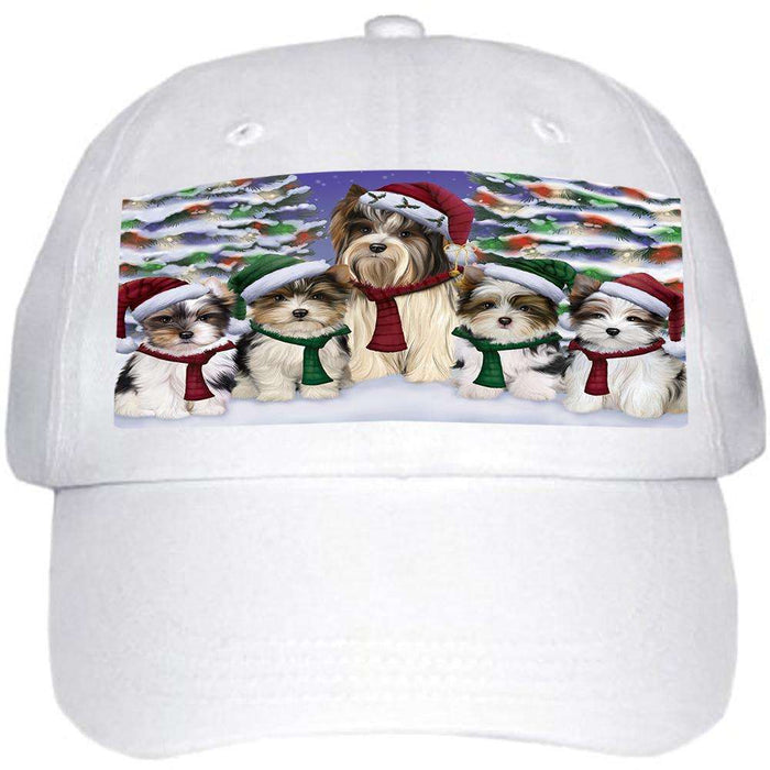 Biewer Terriers Dog Christmas Family Portrait in Holiday Scenic Background Ball Hat Cap HAT61854