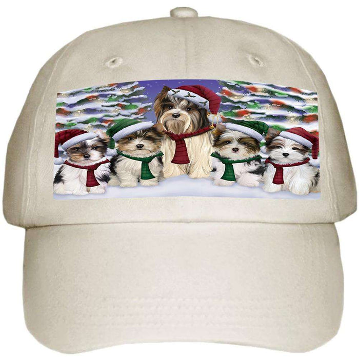 Biewer Terriers Dog Christmas Family Portrait in Holiday Scenic Background Ball Hat Cap HAT61854