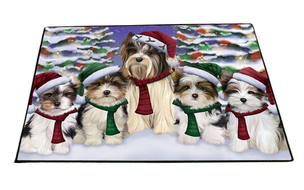 Biewer Terriers Dog Christmas Family Portrait in Holiday Scenic Background Floormat FLMS51918