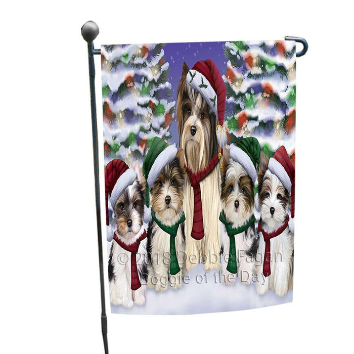 Biewer Terriers Dog Christmas Family Portrait in Holiday Scenic Background Garden Flag GFLG52652