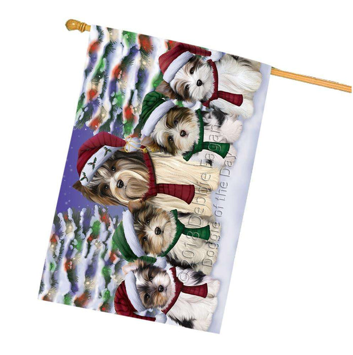 Biewer Terriers Dog Christmas Family Portrait in Holiday Scenic Background House Flag FLG52788