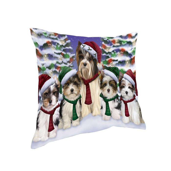Biewer Terriers Dog Christmas Family Portrait in Holiday Scenic Background Pillow PIL66984