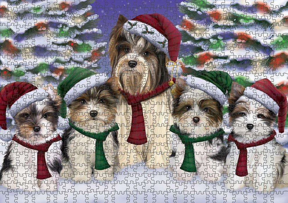 Biewer Terriers Dog Christmas Family Portrait in Holiday Scenic Background Puzzle  PUZL62052