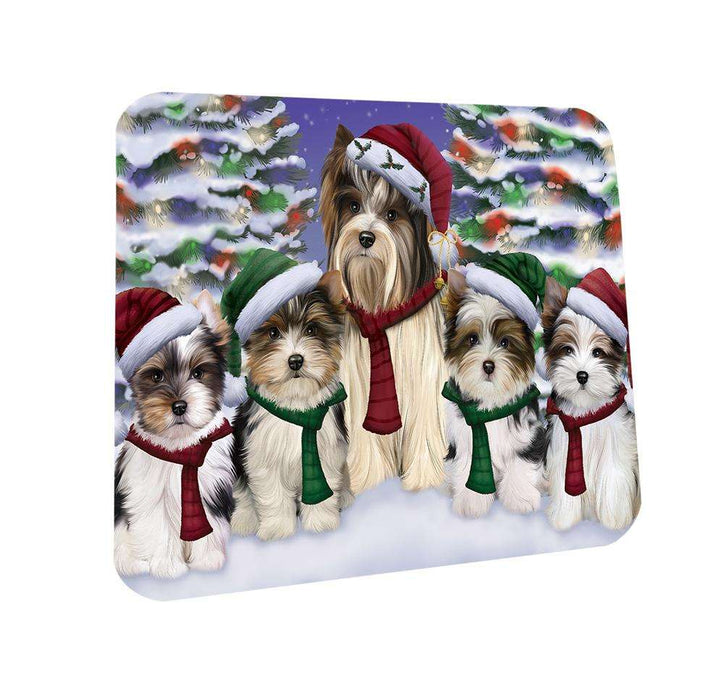 Biewer Terriers Dog Christmas Family Portrait in Holiday Scenic Background  Coasters Set of 4 CST52666