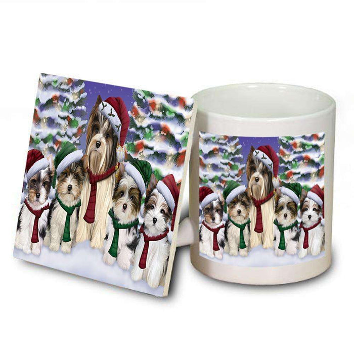 Biewer Terriers Dog Christmas Family Portrait in Holiday Scenic Background  Mug and Coaster Set MUC52699