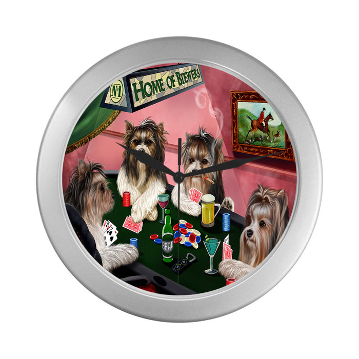 Home of Biewer Dogs Playing Poker Silver Wall Clocks