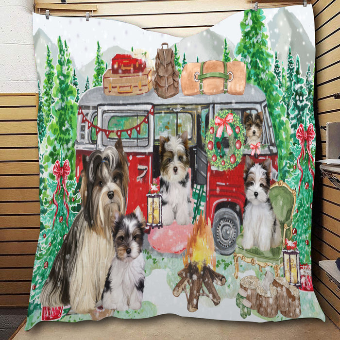 Christmas Time Camping with Biewer Dogs  Quilt Bed Coverlet Bedspread - Pets Comforter Unique One-side Animal Printing - Soft Lightweight Durable Washable Polyester Quilt