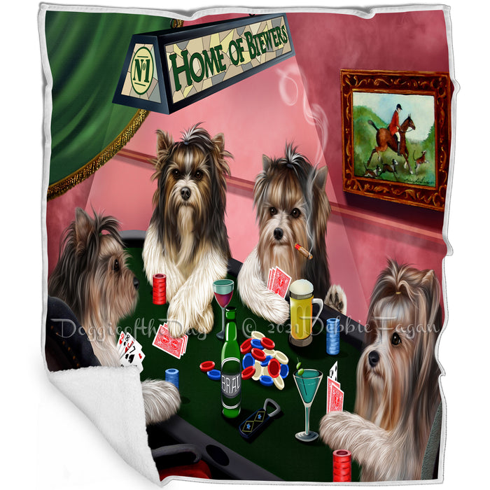 Home of Biewer Terrier 4 Dogs Playing Poker Blanket BLNKT106446