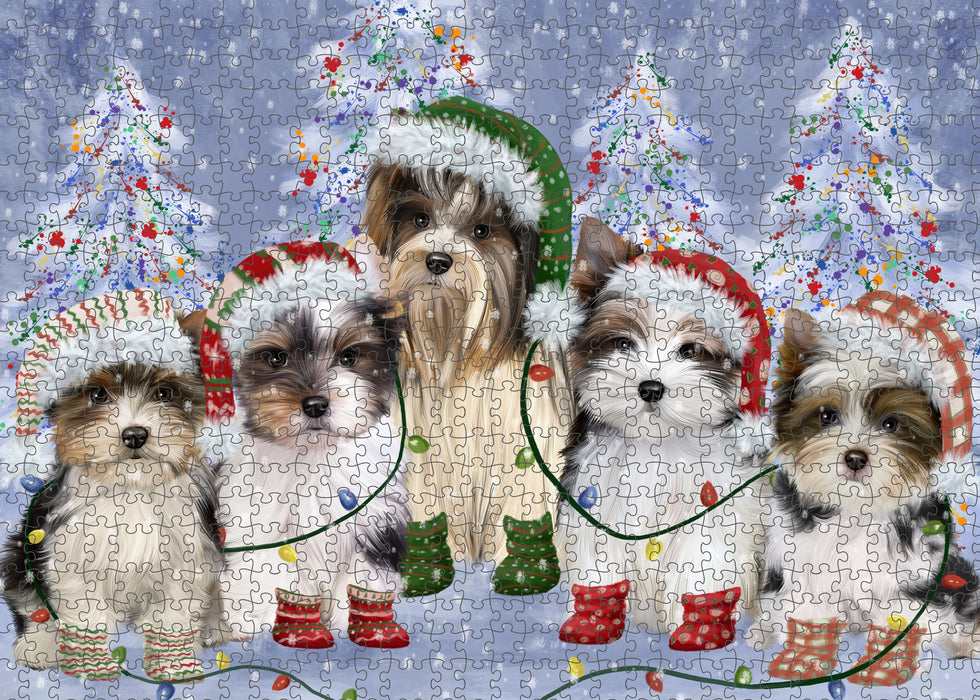 Christmas Lights and Biewer Dogs Portrait Jigsaw Puzzle for Adults Animal Interlocking Puzzle Game Unique Gift for Dog Lover's with Metal Tin Box