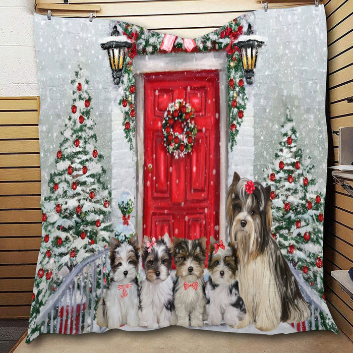 Christmas Holiday Welcome Biewer Dogs  Quilt Bed Coverlet Bedspread - Pets Comforter Unique One-side Animal Printing - Soft Lightweight Durable Washable Polyester Quilt