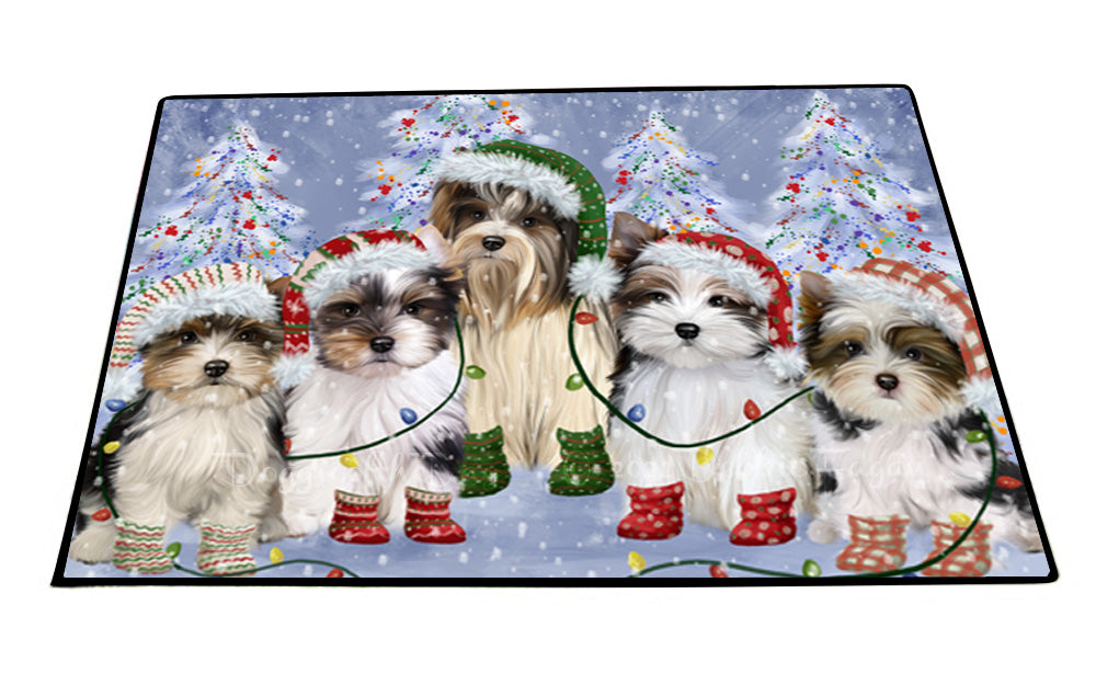 Christmas Lights and Biewer Dogs Floor Mat- Anti-Slip Pet Door Mat Indoor Outdoor Front Rug Mats for Home Outside Entrance Pets Portrait Unique Rug Washable Premium Quality Mat