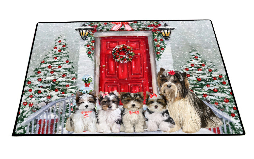 Christmas Holiday Welcome Biewer Dogs Floor Mat- Anti-Slip Pet Door Mat Indoor Outdoor Front Rug Mats for Home Outside Entrance Pets Portrait Unique Rug Washable Premium Quality Mat