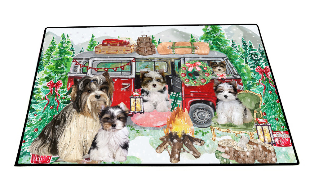 Christmas Time Camping with Biewer Dogs Floor Mat- Anti-Slip Pet Door Mat Indoor Outdoor Front Rug Mats for Home Outside Entrance Pets Portrait Unique Rug Washable Premium Quality Mat