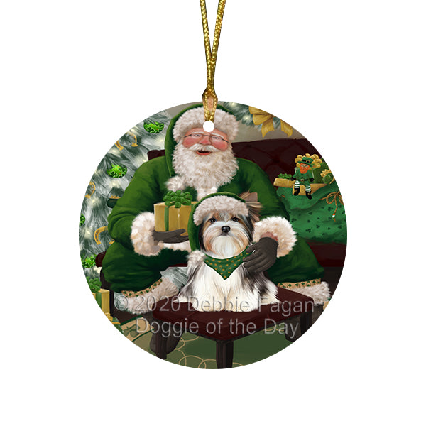 Christmas Irish Santa with Gift and Biewer Dog Round Flat Christmas Ornament RFPOR57905