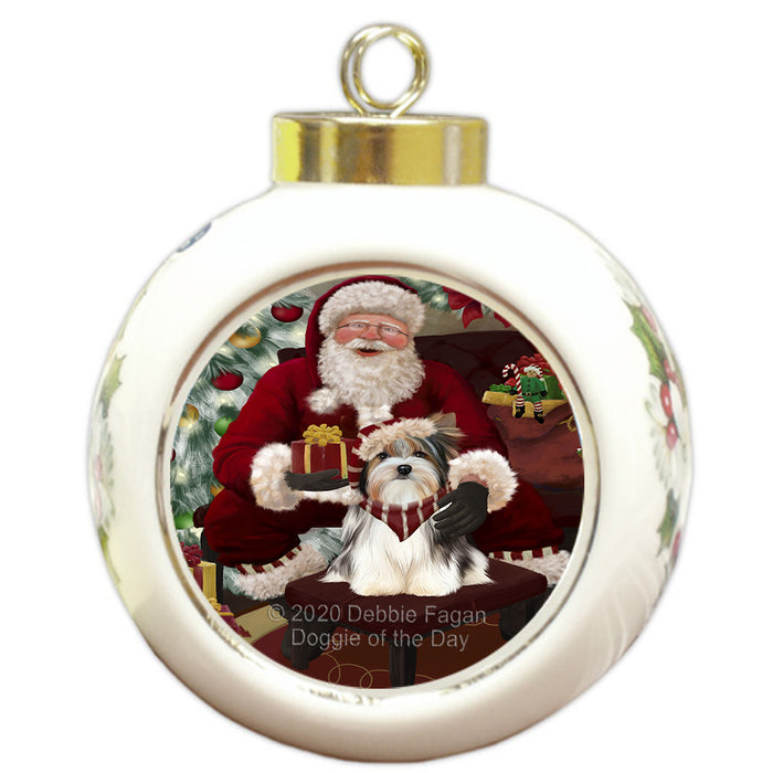 Santa's Christmas Surprise Biewer Dog Round Ball Christmas Ornament RBPOR58003