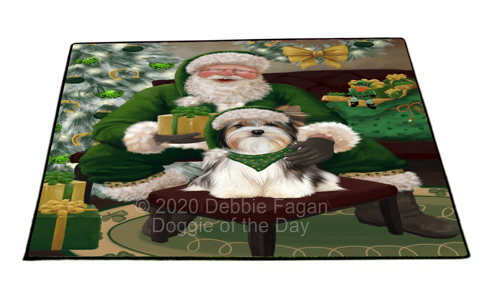 Christmas Irish Santa with Gift and Biewer Dog Indoor/Outdoor Welcome Floormat - Premium Quality Washable Anti-Slip Doormat Rug FLMS57088