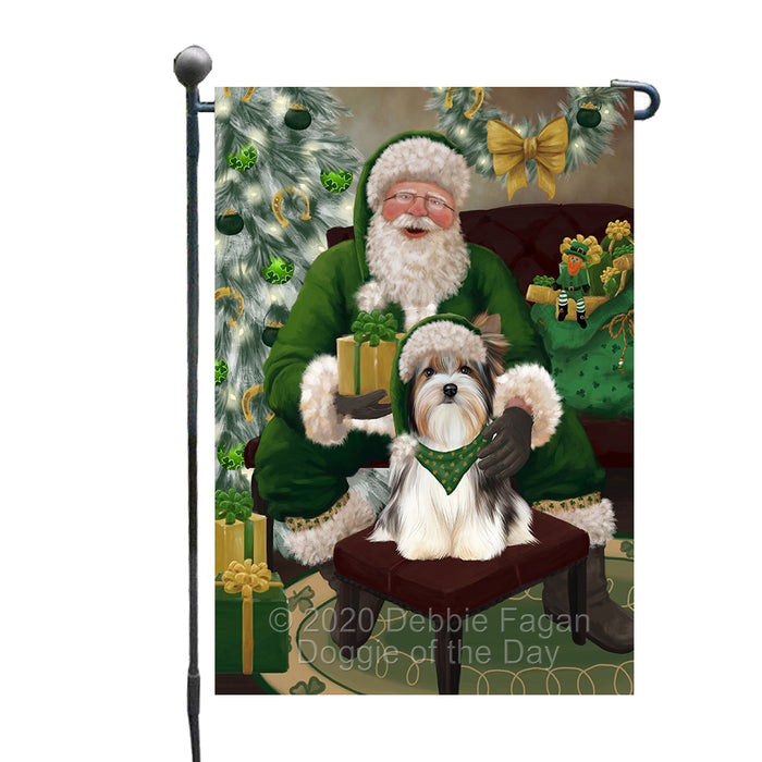 Christmas Irish Santa with Gift and Biewer Dog Garden Flag GFLG66621