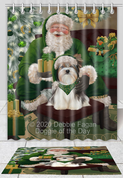 Christmas Irish Santa with Gift Biewer Dog Bath Mat and Shower Curtain Combo