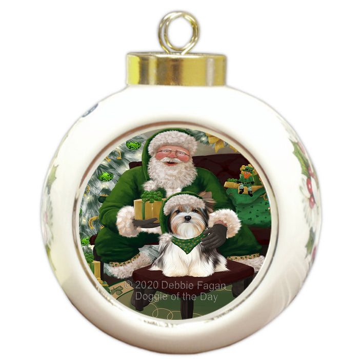 Christmas Irish Santa with Gift and Biewer Dog Round Ball Christmas Ornament RBPOR57905