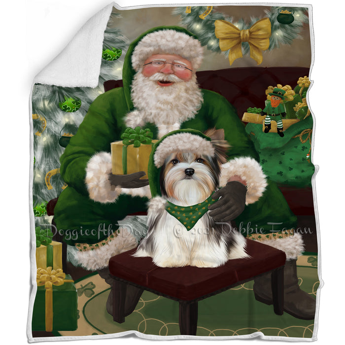Christmas Irish Santa with Gift and Biewer Dog Blanket BLNKT141233