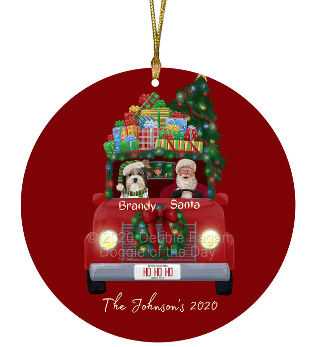 Personalized Christmas Honk Honk Red Truck Here Comes with Santa and Biewer Dog Round Flat Ornament PRBPOR59055