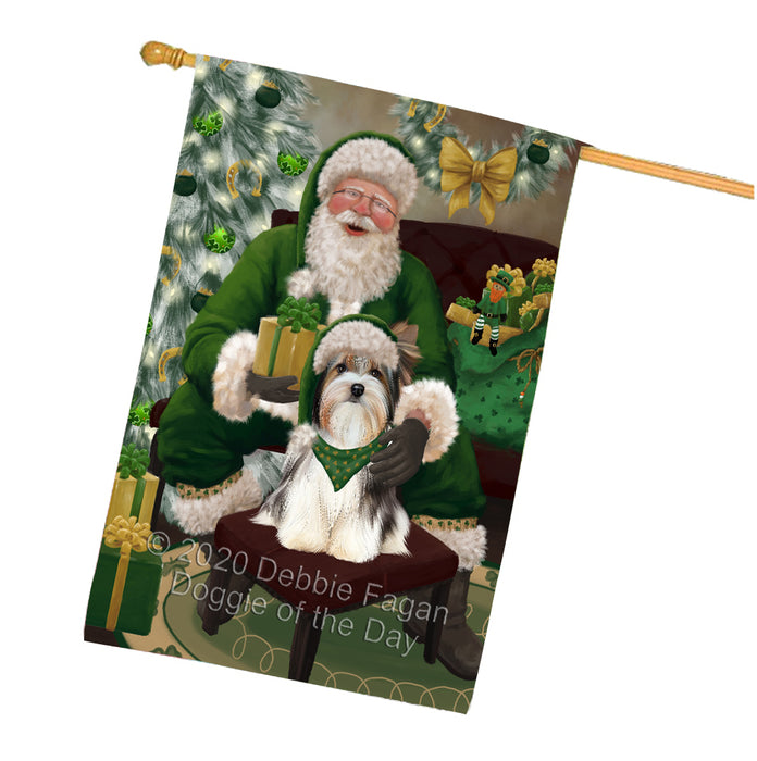 Christmas Irish Santa with Gift and Biewer Dog House Flag FLG66677