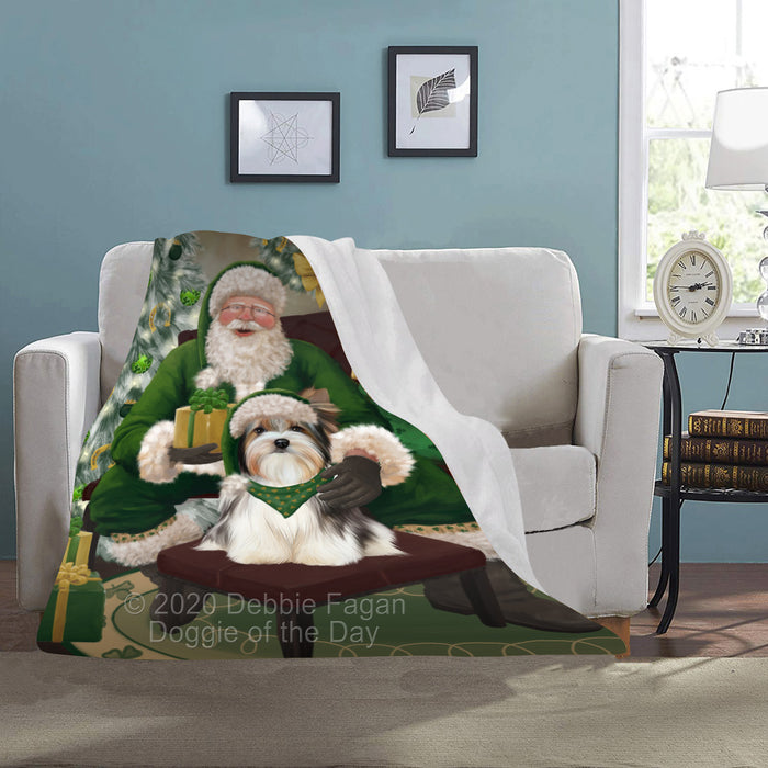 Christmas Irish Santa with Gift and Biewer Dog Blanket BLNKT141233