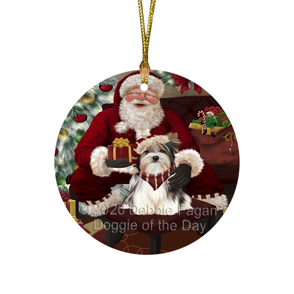 Santa's Christmas Surprise Biewer Dog Round Flat Christmas Ornament RFPOR58003